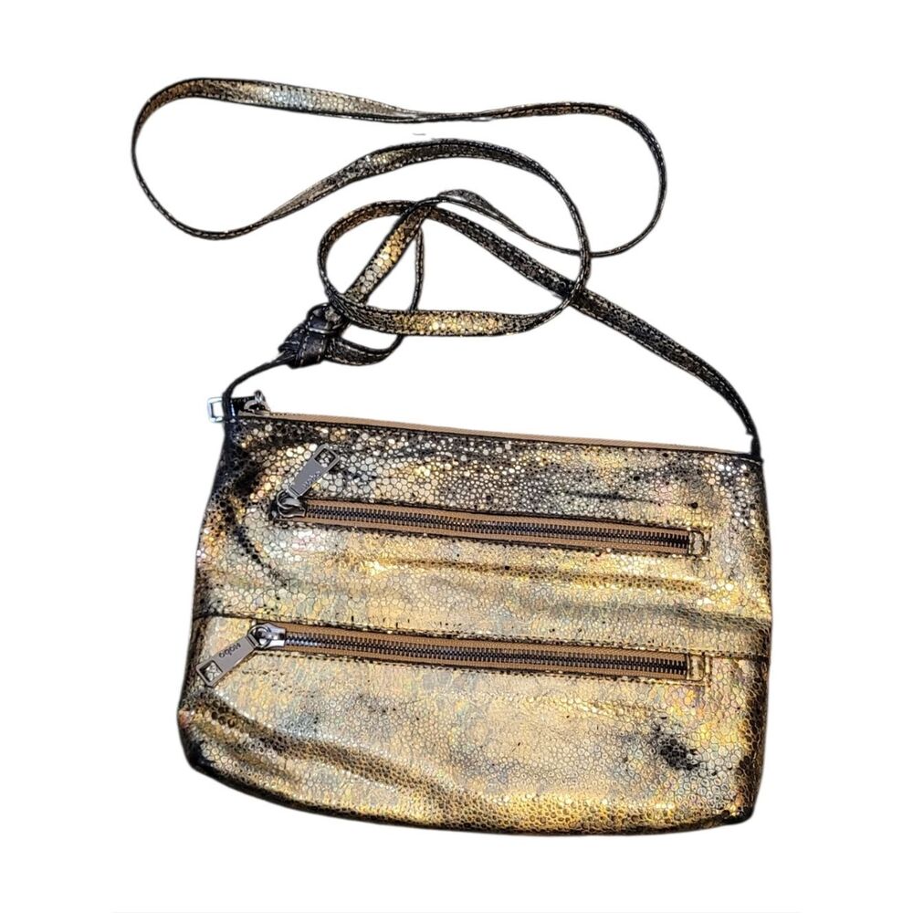 Hobo Metallic Gold Oil Slick Crossbody Bag with Double Zip Pockets OS